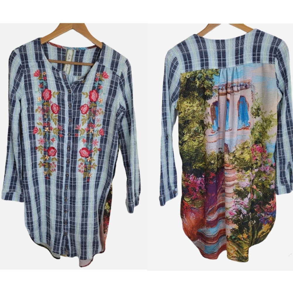 Aratta Silent Journey Plaid Embroidered Floral Button Up Tunic Small
